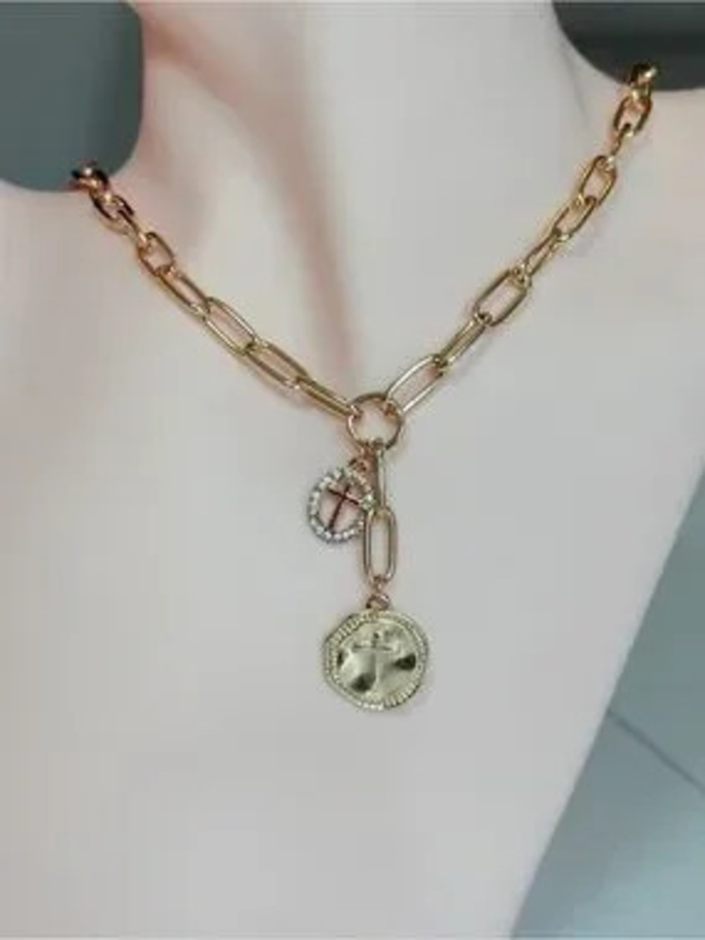 Gold-Tone Link Necklace with Cross Coin and Crystal Charm